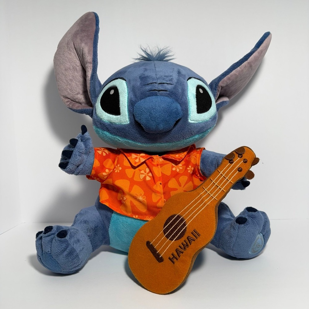 Disney Store Stitch Playing Guitar Hawaiian Shirt 15.5" Tall Large Plush